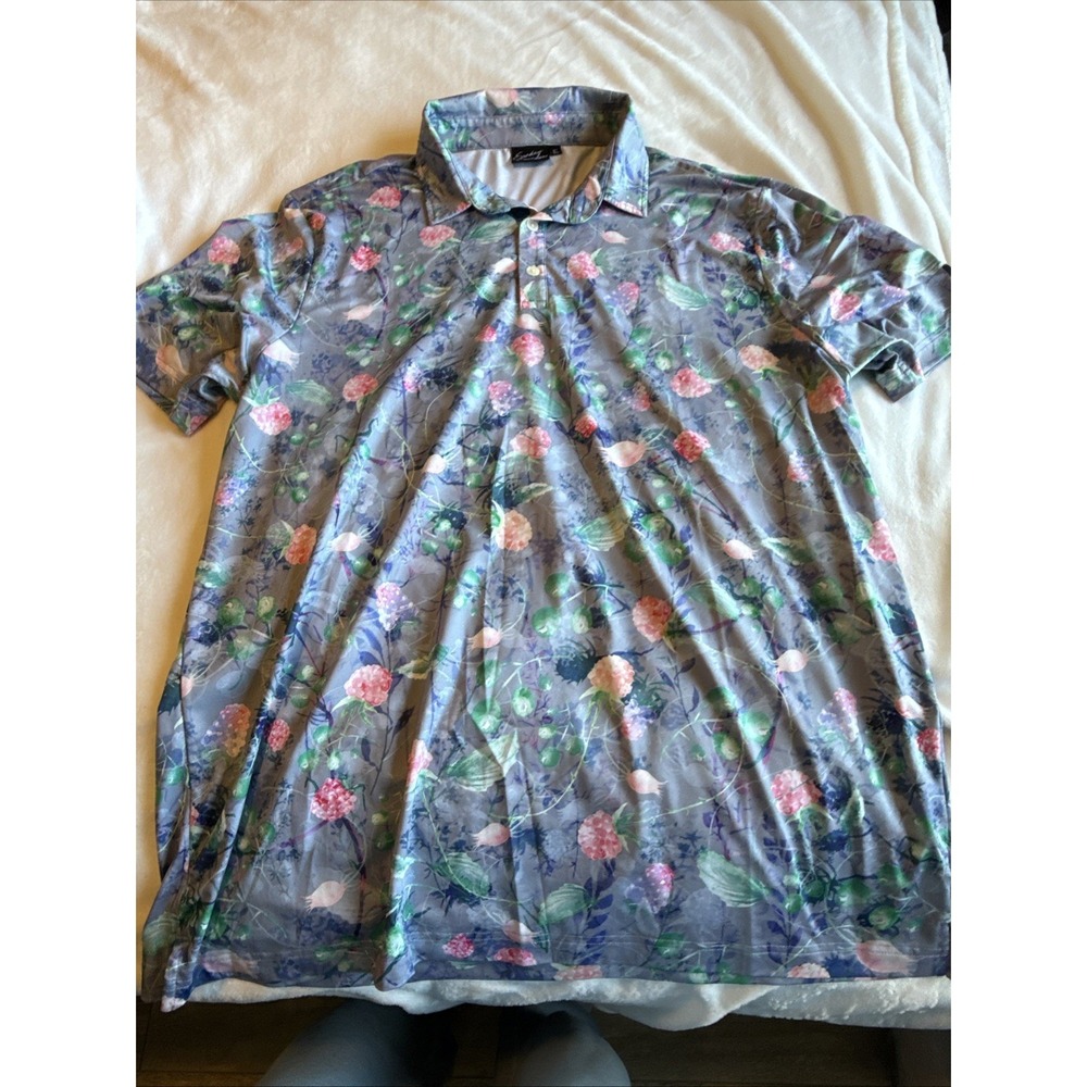 Sunday Swagger Golf Polo Shirt Men XL Blue Floral Roses All Over Print Stretch
